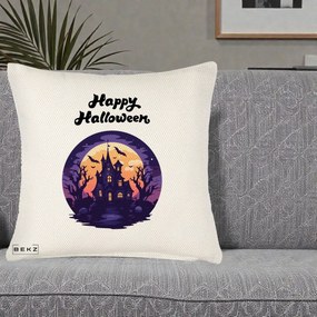 Perna Decorativa Happy Halloween Casa Bantuita Violet, 40x40 cm, Crem Reliefat, Husa Detasabila, Perna Inclusa, BEKZ®