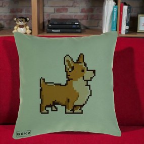 Perna Personalizata Corgi Pixel Art, 40x40 cm, Verde, Husa Detasabila, Perna Inclusa, BEKZ®