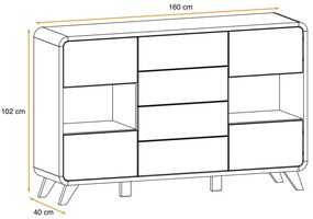 Comoda ultramoderna, led,  4 usi si 4 sertare cu deschidere prin apasare push open, 160 lungime x102 x40 cm, gri antracit stejar deschis picioare