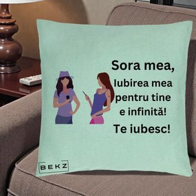 Cadou pentru Sora - Perna Personalizata Sora Mea Te Iubesc Doua Fete cu Telefoane, 40x40 cm, Verde Menta, Husa Detasabila, Perna Inclusa, BEKZ®