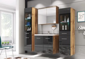 Supermobel Set de baie MADRIT II cu lavoar + LED iluminare, stejar wotan/negru lucios