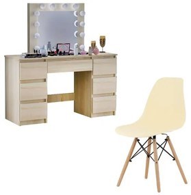 Masa de toaleta/machiaj + Scaun stil scandinav, Artool, Vanessa, stejar, cu oglinda si LED-uri, 130x43x143 cm