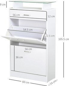 HOMCOM Dulap pentru Pantofi cu 2 Uși pe 2 Niveluri, Sertar și Raft din Sticlă, Dulap pentru Pantofi, 60x24x105,5 cm, Alb | Aosom Romania