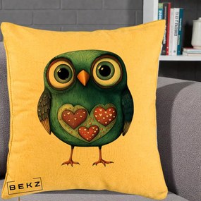Perna Decorativa Bufnita Teal cu Doua Inimi, 40x40 cm, Galben, Husa Detasabila, Perna Inclusa, BEKZ®