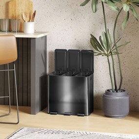 HOMCOM Coș de gunoi pentru bucătărie 45L cu 3 compartimente de 15L, capac, coșuri interioare detașabile, 3 x 15L, negru | Aosom Romania