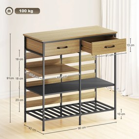 HOMCOM Bufet bucătărie, corp de depozitare cu 2 sertare și 3 rafturi deschise, 90 x 40 x 91 cm, lemn natural și negru | Aosom Romania