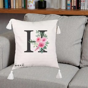 Cadou Personalizat - Perna Personalizata Monograma Florala Litera H cu Trandafiri Roz, 40x40 cm, Bej cu Franjuri, Husa Detasabila, Perna Inclusa, BEKZ®
