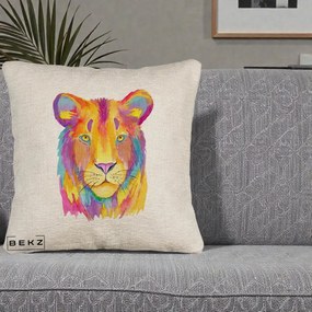 Perna Decorativa Leu Acuarela Curcubeu, 40x40 cm, Bej Canapea, Husa Detasabila, Perna Inclusa, BEKZ®