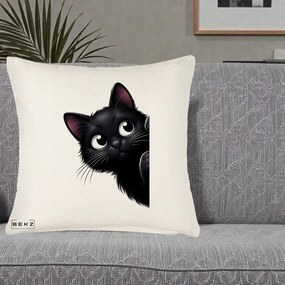 Perna Decorativa Pisica Neagra Dragalasa Curioasa, 40x40 cm, Crem Reliefat, Husa Detasabila, Perna Inclusa, BEKZ®