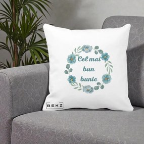 Cadou pentru Bunic - Perna Personalizata Cel Mai Bun Bunic Coronita Flori Albastre Teal, 40x40 cm, Alba Mata, Husa Detasabila, Perna Inclusa, BEKZ®
