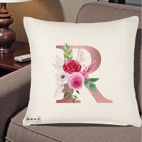 Cadou Personalizat - Perna Personalizata Monograma Rose Gold Litera R, 40x40 cm, Crem Reliefat, Husa Detasabila, Perna Inclusa, BEKZ®