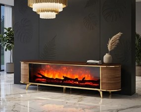 Comoda TV cu șemineu electric și riflaje, boxe Bluethooth, telecomandă, Lemn/Auriu, 180x40x50cm