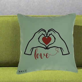 Perna Decorativa Love Maini Inima cu Inscriptie Love Rosu, 40x40 cm, Verde, Husa Detasabila, Perna Inclusa, BEKZ®