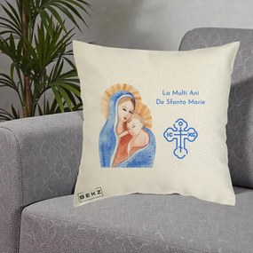 Cadou de Onomastica - Perna Personalizata Sfanta Marie Icoana Acuarela, 40x40 cm, Ecru, Husa Detasabila, Perna Inclusa, BEKZ®