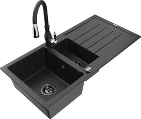 Mexen Andres chiuvetă de granit cu 1,5 compartimente cu picurător și baterie de bucătărie Savita, negru/argintiu
