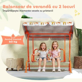 AIYAPLAY Leagăn pentru Copii cu 2 Locuri, Acoperiș Reglabil și Curele de Siguranță, Leagăn pentru Grădină și Interior din Oțel și Material Oxford, Max 60 kg, 112x75x120 cm, Portocaliu | Aosom Romania