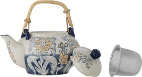 Ceainic din ceramică, cu motiv floral albastru pictat manual și mâner din bambus, cu infuzor, „Myah", 15 x 15 cm