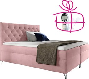 Pat cu boxspring, 120x200, ţesătură roz Velvet, GULIETTE + cadou