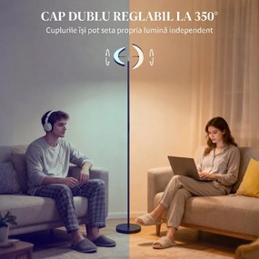 HOMCOM Lampă de Podea Dimmerabilă cu Telecomandă și Dublă Cap Girevole la 350°, Lampă de Podea cu Reglare Temperatură Culoare 2700K-6000K, pentru Sufragerie și Cameră, Negru | Aosom Romania