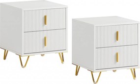 NOA29 - Set 2x Noptiere albe 40x40x47 cm, riflaje, cu sau fara Priza, cu 2 sertare, dormitor - Alb-Auriu