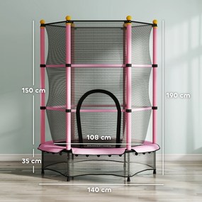 HOMCOM Trambolină Elastică pentru Copii 3-10 Ani cu Plasă de Siguranță și Țevi Capitonate, Ø140x190 cm, Roz | Aosom Romania