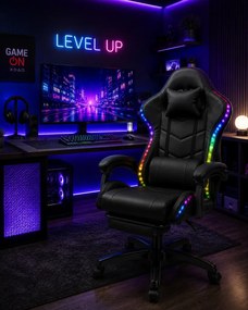 SONICSTRIKE RGB PU– Scaun Gaming cu Masaj în 7 Puncte, Boxe Bluetooth Integrate, Sistem iluminare banda LED RGB, Suport Extensibil pentru Picioare, Piele PU, Negru