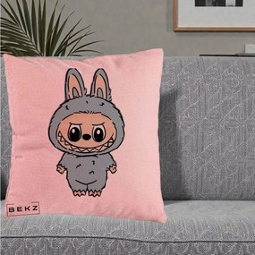 Perna Personalizata Labubu Albastru-Gri Solo, 40x40 cm, Roz, Husa Detasabila, Perna Inclusa, BEKZ®