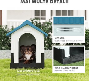 PawHut Cușcă pentru Câini de Exterior din Plastic, Căsuță pentru Câini Mici și Mini cu Ferestre, Acoperiș Înclinat și Bază Ridicată, 64,5x57x66 cm, Albastru | Aosom Romania