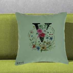 Cadou Personalizat - Perna Personalizata Monograma Florala Litera V cu Coroana, 40x40 cm, Verde, Husa Detasabila, Perna Inclusa, BEKZ®