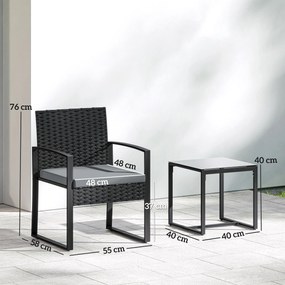 Outsunny Set de Mobilier pentru Grădină din Ratan Sintetic cu 2 Scaune cu Perne Detașabile și Masă cu Blat de Sticlă, Gri | Aosom Romania