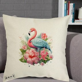 Perna Decorativa Flamingo cu Hibiscus Tropical, 40x40 cm, Ecru, Husa Detasabila, Perna Inclusa, BEKZ®