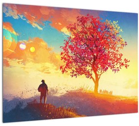 Tablou pe sticlă - casa în deal (70x50 cm)