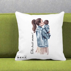 Cadou pentru Mama - Perna Personalizata The Best Mom Jachete, 40x40 cm, Alba Mata, Husa Detasabila, Perna Inclusa, BEKZ®