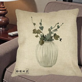 Perna Decorativa Vaza cu Eucalipt Watercolor, 40x40 cm, Crem, Husa Detasabila, Perna Inclusa, BEKZ®