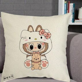 Perna Personalizata Labubu x Hello Kitty, 40x40 cm, Ecru, Husa Detasabila, Perna Inclusa, BEKZ®