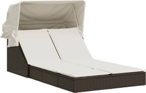 vidaXL Șezlong dublu cu baldachin și perne, maro, poliratan