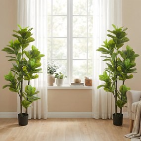 HOMCOM Set de 2 plante artificiale de interior 150 cm, plantă falsă ficus lyre cu ghiveci din ciment, verde | Aosom Romania
