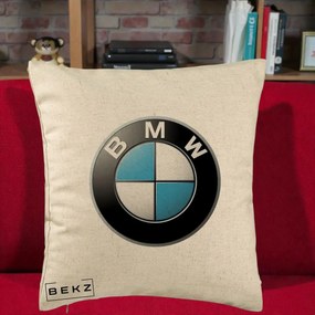 Perna Personalizata cu emblema BMW, 40x40 cm, Bej, Husa Detasabila, Perna Inclusa, BEKZ®