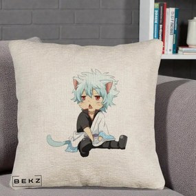 Perna Personalizata Gintama Gintoki Chibi Pisica, 40x40 cm, Bej Canapea, Husa Detasabila, Perna Inclusa, BEKZ®