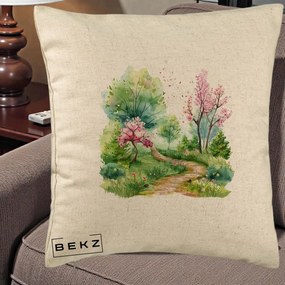 Perna Decorativa Gradina Primavara Acuarela, 40x40 cm, Bej, Husa Detasabila, Perna Inclusa, BEKZ®