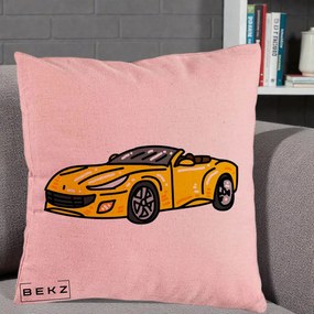 Perna Personalizata Masina Cabriolet Galbena Grafic, 40x40 cm, Roz, Husa Detasabila, Perna Inclusa, BEKZ®