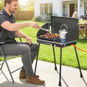 Outsunny 2-in-1 Portabil Grătar pe Gaz Propan, Grill și Aragaz, 7 kW, Negru | Aosom Romania