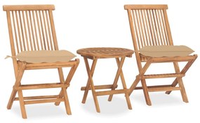 Set mobilier pliabil exterior cu perne, 3 piese, lemn masiv tec Bej, 3