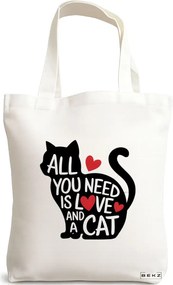 Sacosa de Panza pentru Cumparaturi, Geanta Tote, model All you need is love and a Cat, 38 x 34.5 cm, Alba, BEKZ®