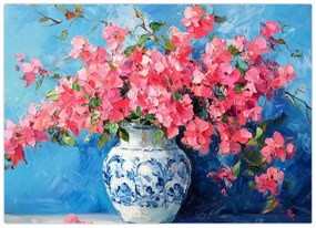 Tablou pe sticlă - Vază cu flori roz (70x50 cm)