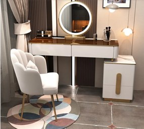RESIGILAT Set Rochelle, Masă de toaletă pentru machiaj cu oglindă iluminată LED, control touch, 4 sertare, comoda, scaun, Alb/Auriu,
