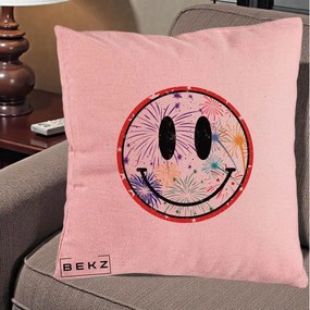Perna Decorativa Smiley Face cu Artificii Multicolore, 40x40 cm, Roz, Husa Detasabila, Perna Inclusa, BEKZ®