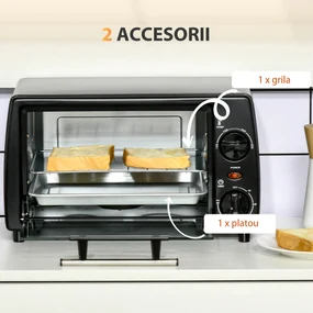Mini Cuptor electric negru 36,5x26x22cm ,HOMCOM, 10L, temporizator, grila si tava incluse, 750 W, | Aosom Romania