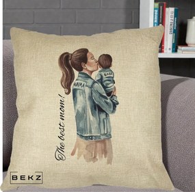 Cadou pentru Mama - Perna Personalizata The Best Mom Jachete, 40x40 cm, Crem, Husa Detasabila, Perna Inclusa, BEKZ®