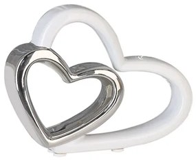 Decoratiune inimi Duo, ceramica, alb argintiu, 3.5x15.5x12 cm